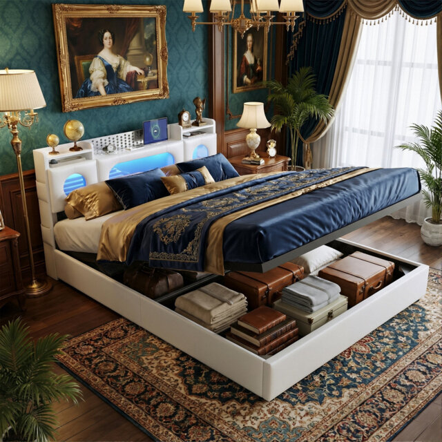 PU Leather Ottoman Bed, RGB LED Storage Headboard & USB-C Charging, European Double (140X200cm) & King (160X200cm)