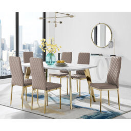 Anders Modern Veneer Marble Effect Dining Table Set with 6 Quilted Faux Leather Dining Chairs