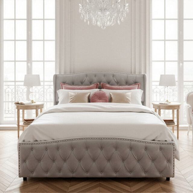 Velvet Ottoman Bed With Tufted Wingback & Nailhead Trim, Storage Bed Frame, European Double & King Size, Grey