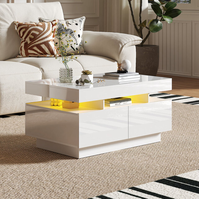 Alpena Modern High Gloss Coffee Table with 4 Drawers and LED Lights