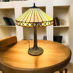Art Deco Table Lamp, 40.5 cm Diameter Tiffany Style Beige Glass Shade, Tree Base