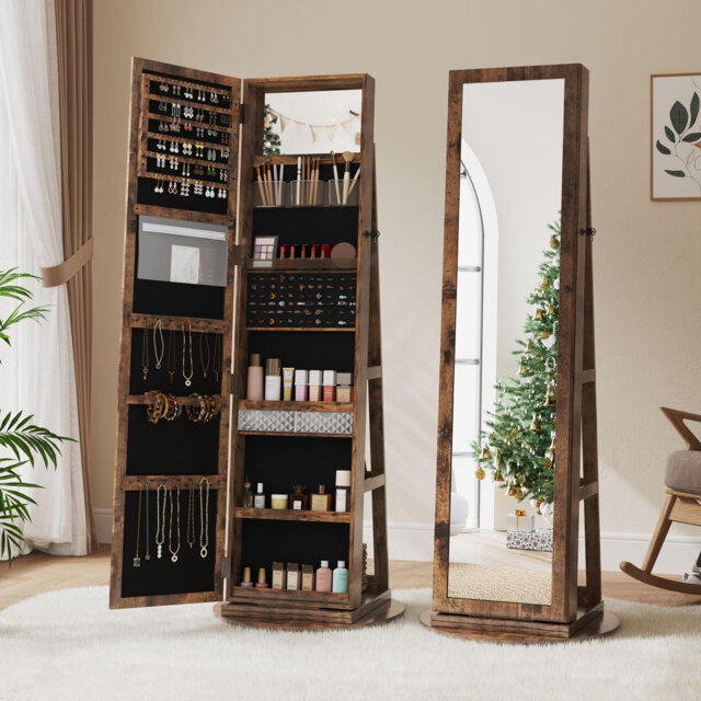 360° Swivel Lockable Jewelry Mirror Cabinet with Storage Shelves