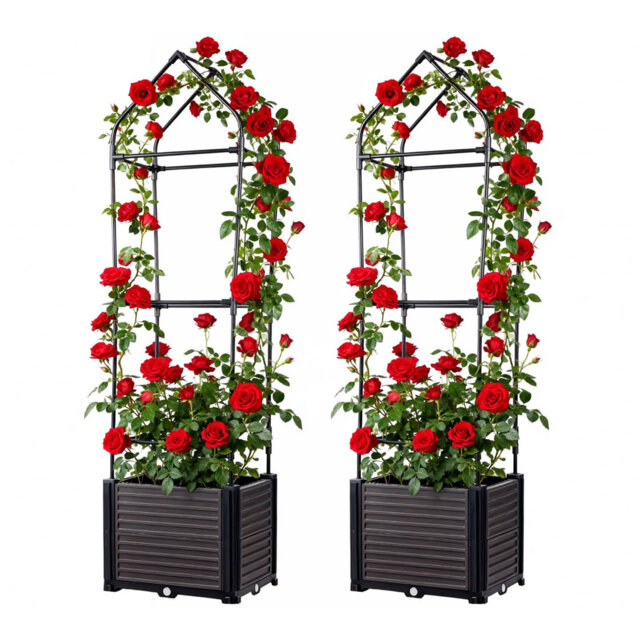 Space-Saving Raised Garden Beds with Trellis – 2-Pack 150cm Self-Watering Planter Box, Tomato Cage, Climbing Plant Support for Vegetables & Flowers, S