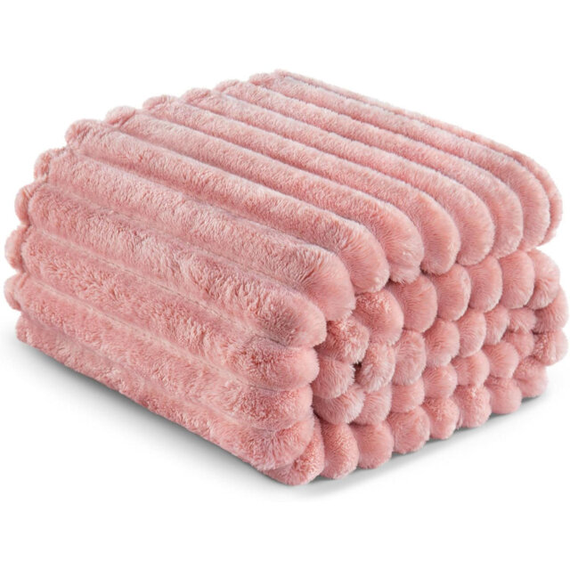 Fleece Throw Blanket For Sofa, Super Soft Striped Jacquard Bed Blanket, Lightweight Fuzzy Cozy For All Seasons, 127X152 CM, Pink