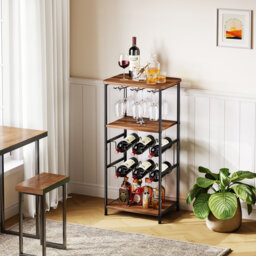 2-Tier 6 Bottles Wine Rack Free Standing Floor With Wine Glasses Holder,Wooden Table Top