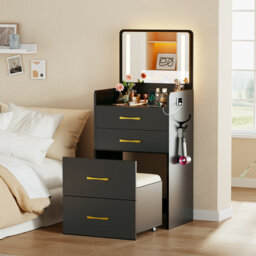 Dressing Table with Motion Sensor lighting, Charging Socket, Foldable Cosmetic Mirror and Stool
