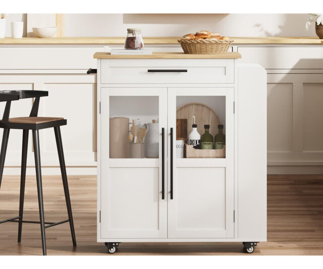 "24"" Rolling Kitchen Island Cart with Solid Wood & Stainless Steel Top - Farmhouse Coffee Bar with Glass Door Cabinet, Drawer, Spice Rack, Towel Bar &"