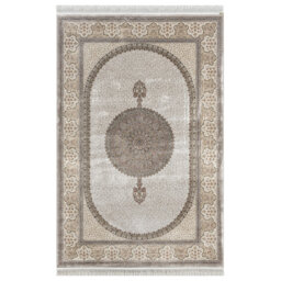 Minyatur L Vizon White Medallion Area Rug – Low-Pile 100% Viscose Woven Carpet, Neutral Traditional Style