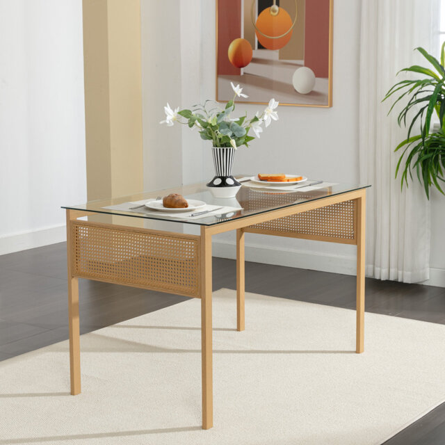 Rectangular Tempered Glass Rattan Dining Table with 4 Metal Legs