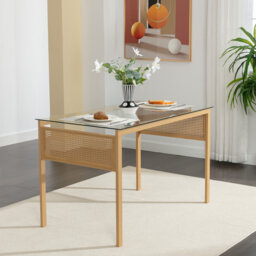 Rectangular Tempered Glass Rattan Dining Table with 4 Metal Legs