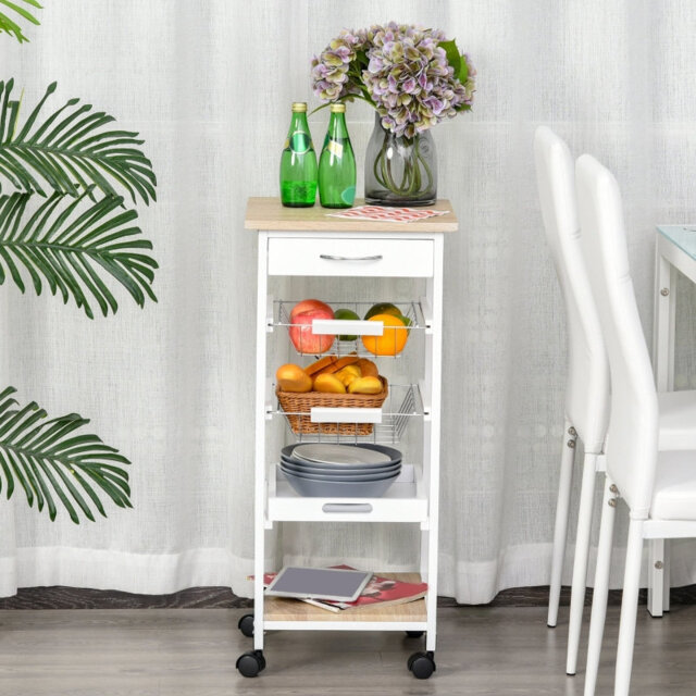Mobile Rolling Kitchen Island Trolley 37*37*82 cm Pine 1 Piece Kitchen Island White with Drawers