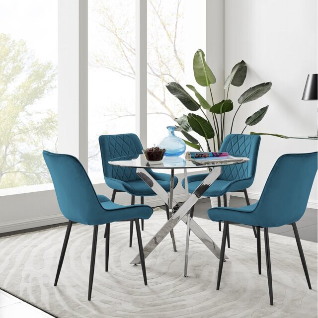 Tierra Modern Metal & Glass Round Dining Table Set with 4 Luxury Velvet Dining Chairs