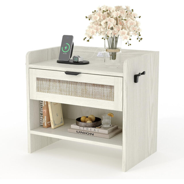 Modern Boho Rattan Bedside Table with Charging Station, Drawer and Storage Shelf, End Table with Power Outlet, Perfect for Bedroom, Living Room or Hal