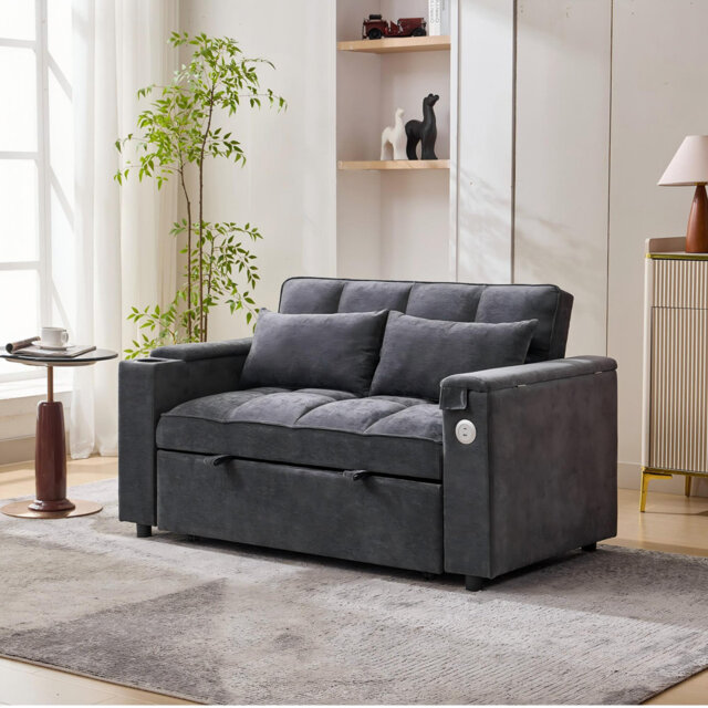 2 Seater Sofa Bed With Usb, Cup Holders And Table Grey