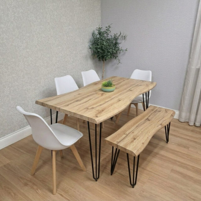 Modern Dining Table 140cm with 4 White Chairs and Stone Grey Wooden Bench Set for Kitchen Dining Room