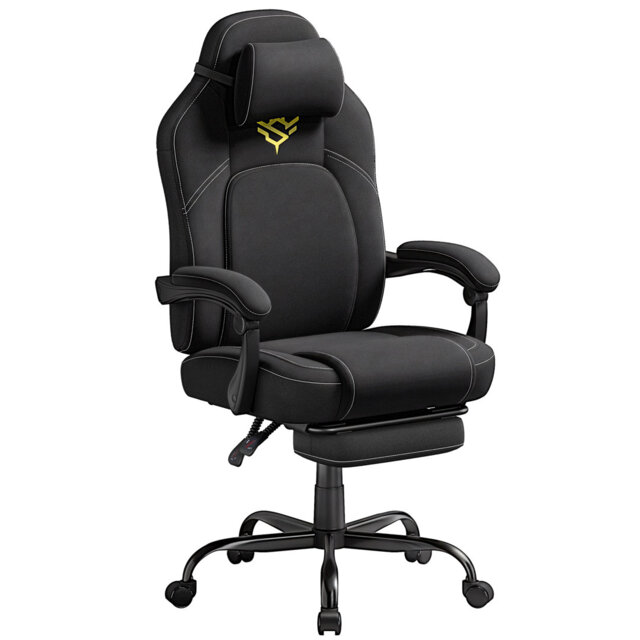 Gaming Chair, Ergonomic Computer Chair With Footrest, Video Game Chair With Headrest, Cotton-Linen Fabric, Adjustable Height, Ink Black
