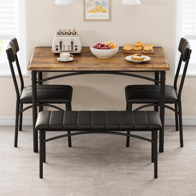 Dining Table Set for 4, Kitchen Table Set for 4 with Upholstered Bench and 2 Chairs, Kitchen Table and Chairs for Small Space, Apartment, Brown