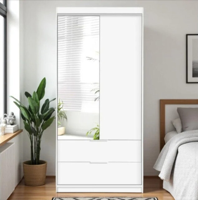 Bionda W105 cm Oak Sonoma Wardrobe - Warm Woodgrain and Mirrored Front