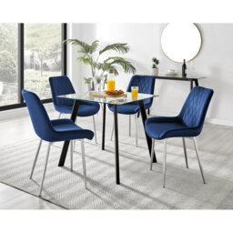 Scandinavian Style Glass and Metal Leg Square Dining Table Set - 4 Modern Velvet Dining Chairs
