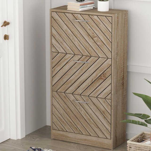 57cm Shoe Storage Cabinet with 3 Flip Drawers - Slim 24cm Deep Entryway Organiser - Grey