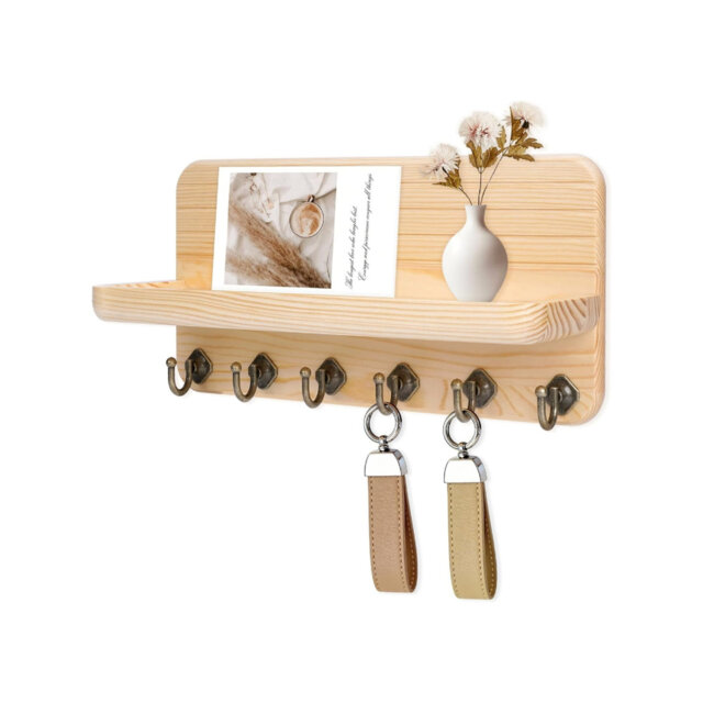 Wood Wall Organizer with Key Hooks