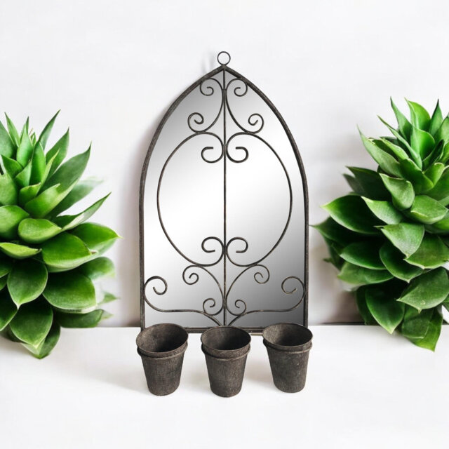 Sau Hanging Garden Mirror with 3 Planters Hand Finished Indoor Outdoor Decorative Wall Accent for Patio Home Decor