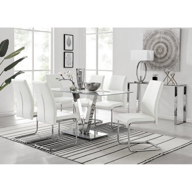 Ransart Modern Luxury Glass & Metal Dining Table Set With 6 Upholstered Faux Leather Dining Chairs