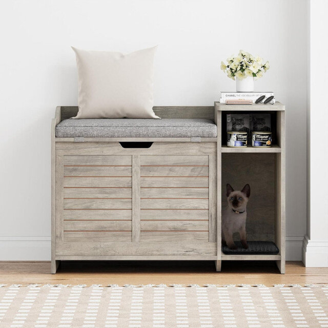 Cat Box Cabinet 2-in-1, Hidden Litter Box Furniture with Storage&Cushion, Cat Litterbox Furniture with Door, Indoor Wooden Covered Cat House for Hallw