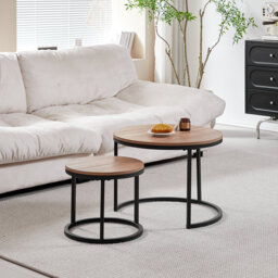 Modern Nesting Coffee Tables, Round Wood Effect MDF Tabletop with Black Metal Frame for Living Room