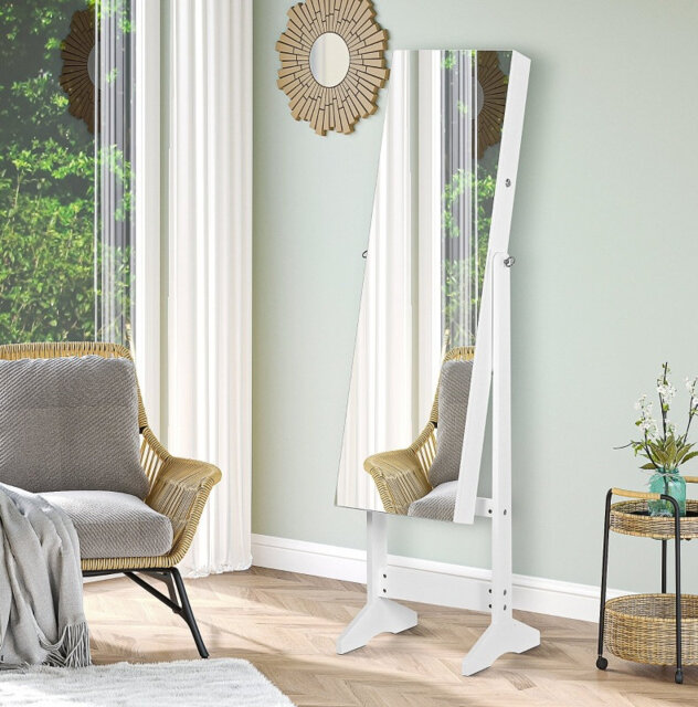 White Lockable Full Length Standing Mirror Jewelry Armoire, Freestanding Makeup Storage Organizer with Large Capacity for Bedroom Dressing Room