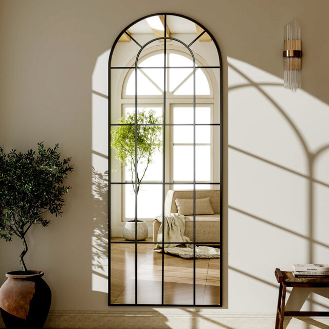 Casiana Aluminum Alloy Framed Arched Wall MIrror Full Length Mirror with Window Pane in Black