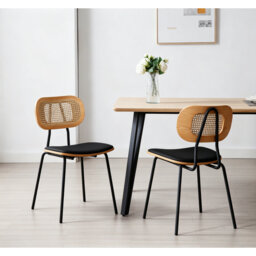 Modern Rattan Dining Chairs Upholstered Faux Leather Dining Room Chairs with Rattan Backrests and Metal Legs Armless Kitchen Chairs for Dining Room
