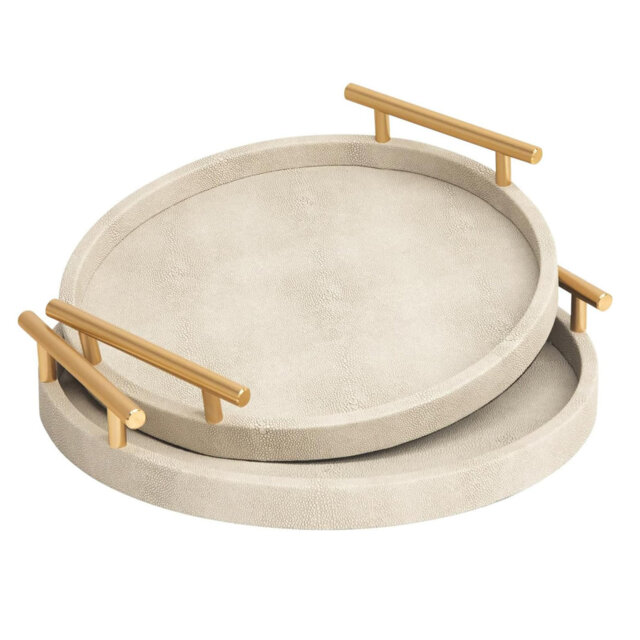 "2-Pack 13"" Blue Shagreen Round Trays - Gold Metal Handles for Home & Bathroom Decor"