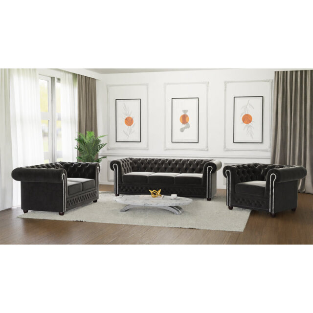 Chesterfield Hanna Sofa Set with Sleeping Function 3+2+1 Made of Velvet Fabric with Solid Wood Legs