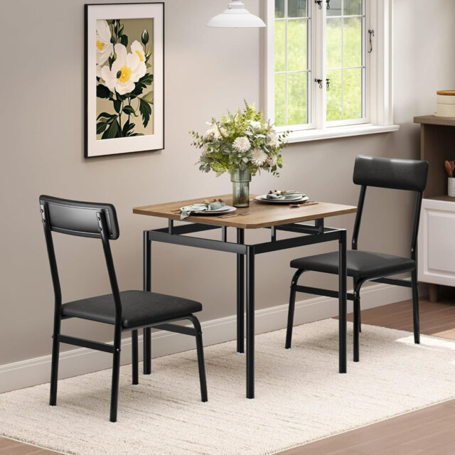 3-Piece Kitchen Table Set for 2, Industrial Metal Frame with 2 PU Chairs, Space-Saving Dining Room, Black