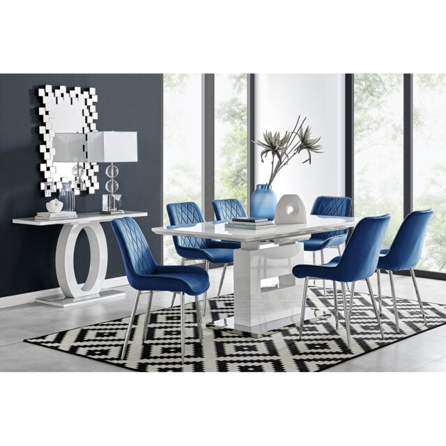 Alezzo Modern High Gloss Extendable Dining Table Set with 6 Luxury Velvet Dining Chairs