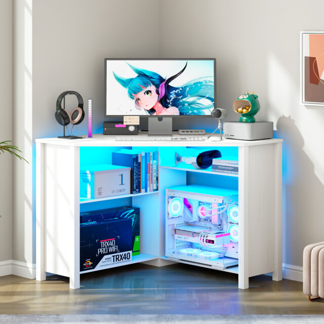 Pentagonal Corner Computer Desk with Charging Station, Adjustable Led Lighting