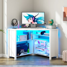Pentagonal Corner Computer Desk with Charging Station, Adjustable Led Lighting