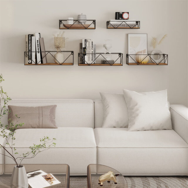 Set of 5 wall shelves with black metal rods and brown wooden board