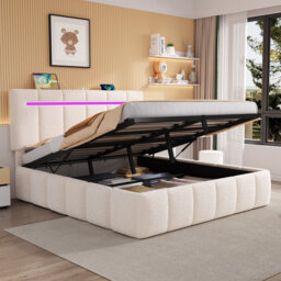 Boucle Fabric Ottoman Bed With Rgb Lighting - Hydraulic Storage & Usb Charging (Double, Adjustable Headboard)
