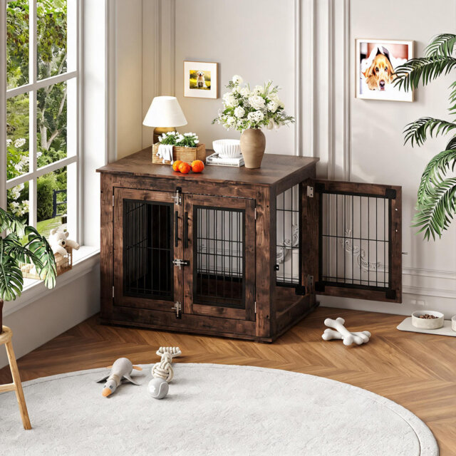 Farmhouse Dog Crate Furniture End Table Heavy Duty Wooden Kennel Cabinet with Double Doors for Small/Medium Dogs