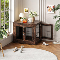 Farmhouse Dog Crate Furniture End Table Heavy Duty Wooden Kennel Cabinet with Double Doors for Small/Medium Dogs