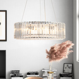 6- Light Modern Mid-Century Luxury Round Crystal Chandelier Chrome Drum Crystal Pendant Living Room