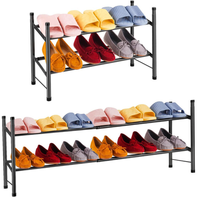 Expandable 2-Tier Shoe Rack For Closet, Hallway, Entryway, Living Room, Bedroom & More - Lightweight, Stackable & Space-Saving Metal Organizer(Black)