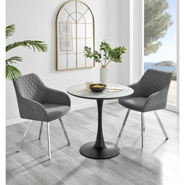 Ellis White Marble Effect Melamine Round Dining Table Set with 2 Luxury Upholstered Fabric Chairs