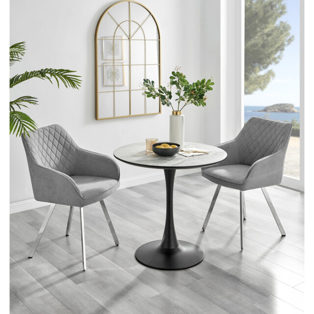Ellis White Marble Effect Melamine Round Dining Table Set with 2 Luxury Upholstered Fabric Chairs