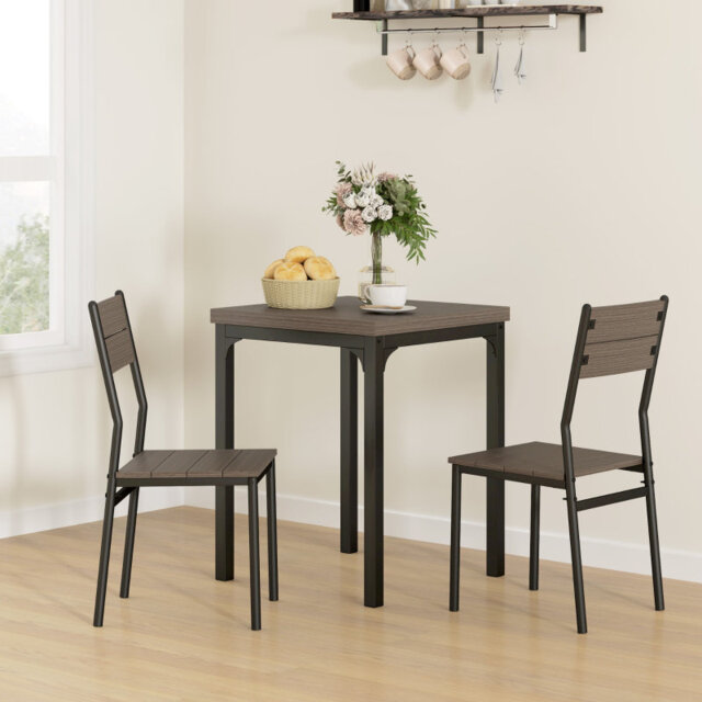 Grey Wood Grain 3-Piece Minimalist Dining Set with Table & 2 Chairs, Compact Space-Saving Furniture for Dining Room