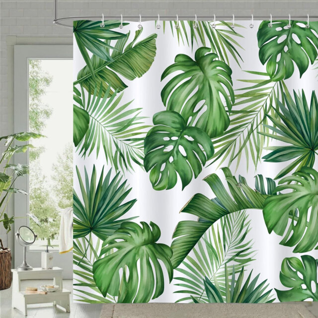 180×180cm Tropical Palm Leaf Shower Curtain, Waterproof Anti-Mildew Polyester Curtain with 12 Hooks