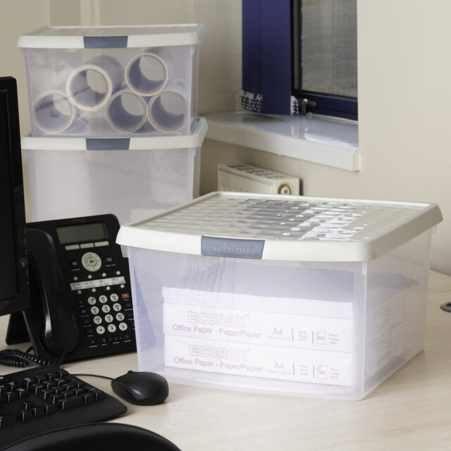 Wham Clip 25.5L Square Plastic Storage Boxes with Secure Clip Lock Lids. L:39.5 x W:39.5 x H:22.5cm Clear/Stone/Slate Grey