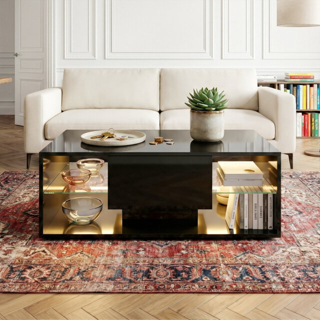100Cm High Gloss Coffee Table With LED Lights, Modern Cocktail Table With Drawer & Glass Shelves, Black & White
